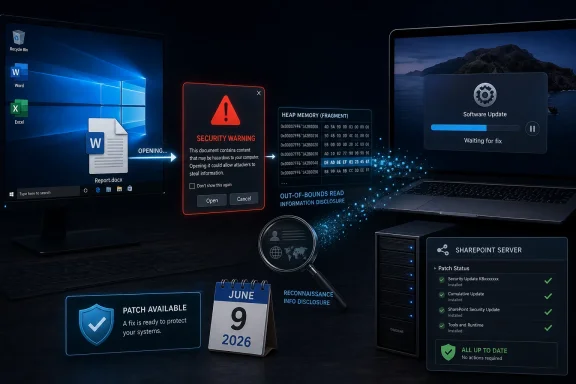 Cybersecurity warning on computers showing document threat, memory alerts, and software update status.