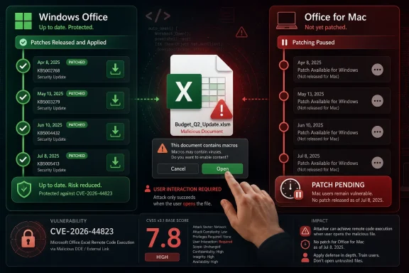 Security dashboard shows Office patch status with a “malicious document” prompt and CVE-2026-44823 risk alert.