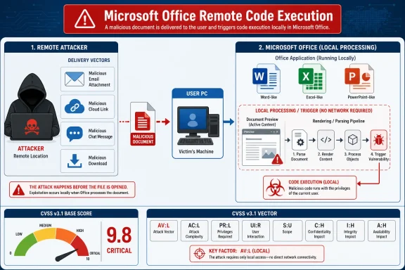 Infographic showing Microsoft Office remote code execution via malicious document, triggering local exploit on user PC.