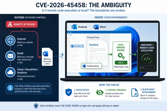 Infographic about CVE-2026-45458 ambiguity in Office doc parsing leading to possible remote code execution.