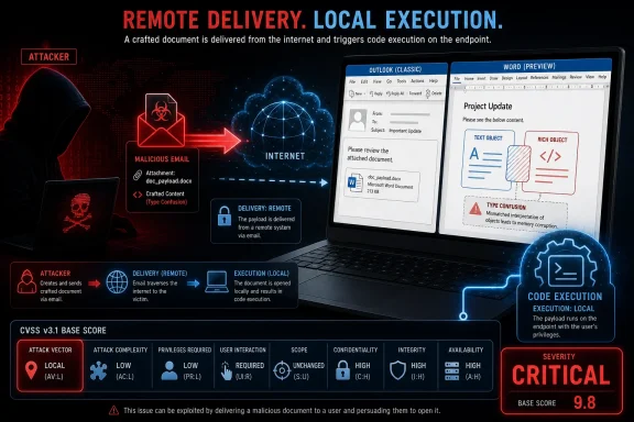 Cybersecurity infographic showing remote email delivery and local code execution leading to a critical score.