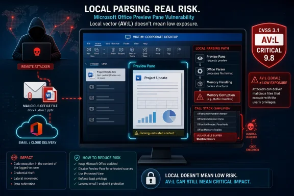Cybersecurity infographic warning about Microsoft Office Preview Pane vulnerability and AV:L local critical risk.