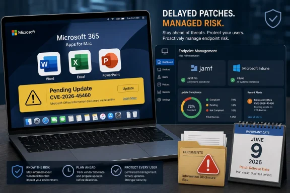 Laptop screen shows Microsoft 365 Mac update warnings and security dashboard about delayed patches and managed risk.