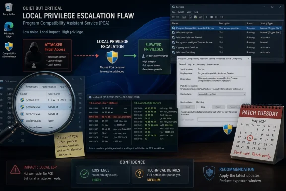 Infographic showing a Windows PCA local privilege escalation flaw with elevated privileges and patch guidance.