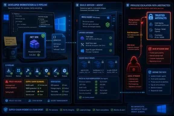 Cybersecurity infographic showing a secured CI/CD pipeline with pinned builds, artifact trust, and privilege-escalation defenses.