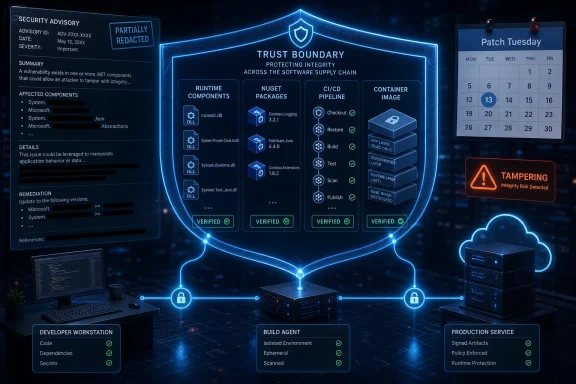 Cybersecurity dashboard showing a trusted software supply-chain with verified stages, patch calendar, and tampering alert.