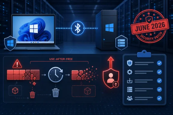 Cybersecurity-themed scene with Windows devices, Bluetooth icon, patch workflow, and a “June 2026 Security Patch” badge.