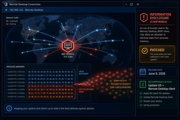 Screenshot of a Remote Desktop Connection security alert with RDP traffic analysis and patch guidance.