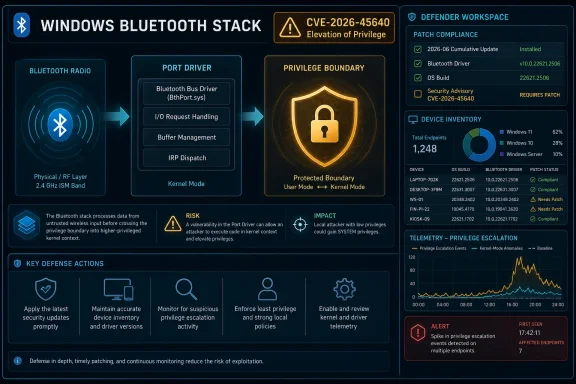 Infographic showing a “Windows Bluetooth Stack” security alert for CVE-2026-45640 with patch compliance status.