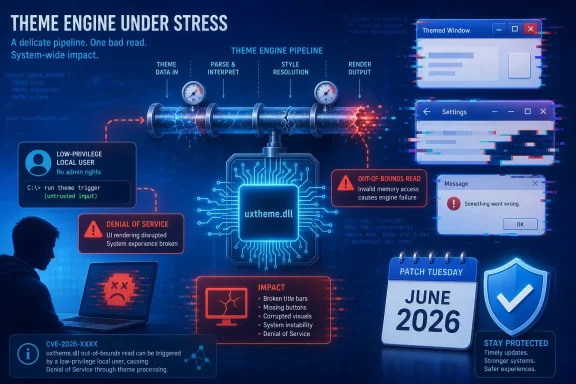 Cybersecurity graphic shows a stressed “theme engine pipeline” with out-of-bounds read, system failure, and Patch Tuesday June 2026.