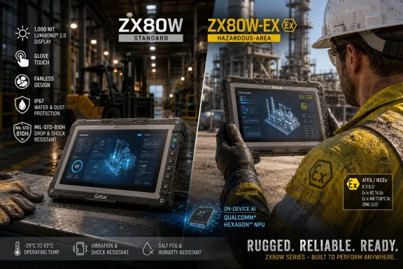 Rugged industrial worker in hazardous-zone gear using a Getac ZX80W tablet in an oil refinery. Rugged industrial worker in hazardous-zone gear using a Getac ZX80W tablet in an oil refinery.
