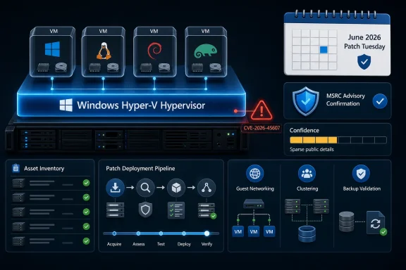 Illustration of a Windows Hyper-V patching workflow with VMs, Patch Tuesday June 2026, and validation steps.