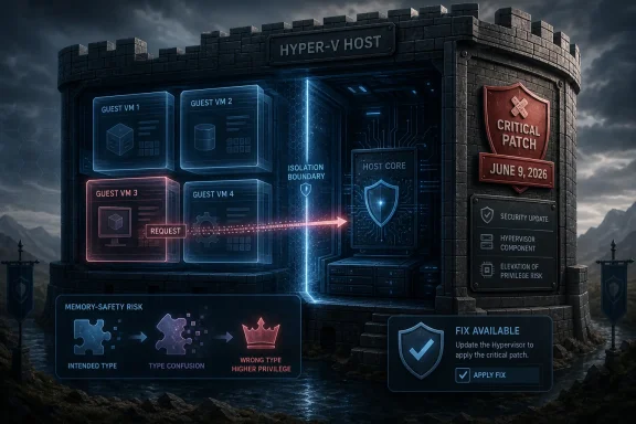 Futuristic “HYPER-V HOST” server tower warning of a critical patch and memory-safety risk.
