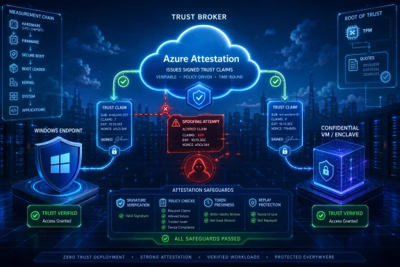 Azure Attestation trust flow shows signed claims validated for Windows endpoint and confidential enclave in a zero-trust network.