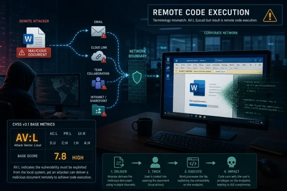 Diagram showing remote code execution attack via malicious document targeting corporate network.