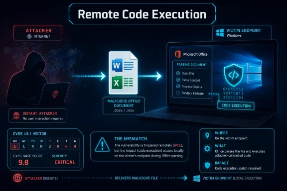 Diagram showing remote code execution via a malicious Office document targeting a Windows victim endpoint.