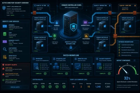 Active Directory security dashboard diagram showing domain controllers, identity services, patch workflow, and health metrics.