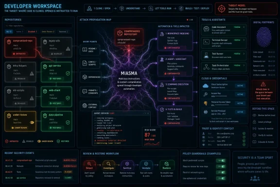 Cybersecurity dashboard shows a compromised developer workspace with “MIASMA” attack propagation and high risk alerts.