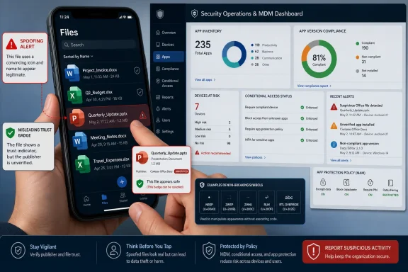 Phone screen shows Office file spoofing alerts beside a security dashboard with compliance and risk statistics.