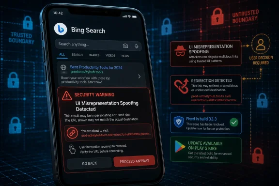Smartphone shows Bing Search with security warnings about UI misrepresentation and possible phishing/redirects.