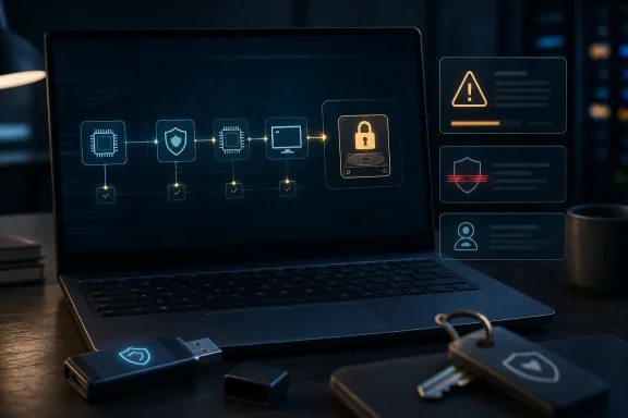 Laptop with a security/lock interface graphic and connected USB drives, suggesting cybersecurity protection.