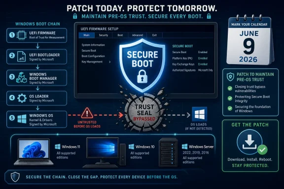 Cybersecurity infographic showing secure Windows boot chain patching to maintain pre-OS trust.