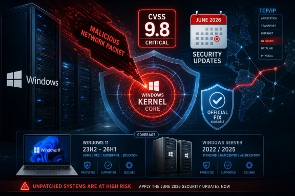 Cybersecurity graphic showing Windows kernel protection, June 2026 CVSS 9.8 critical flaws, and network risks.