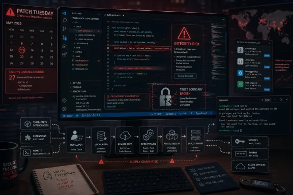 Hacker-themed coding dashboard highlighting patch Tuesday, integrity risk, and supply-chain security warnings.