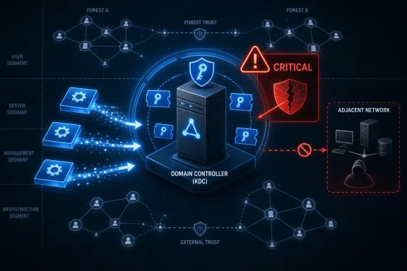 Network security diagram showing a domain controller with a critical alert and adjacent network block.