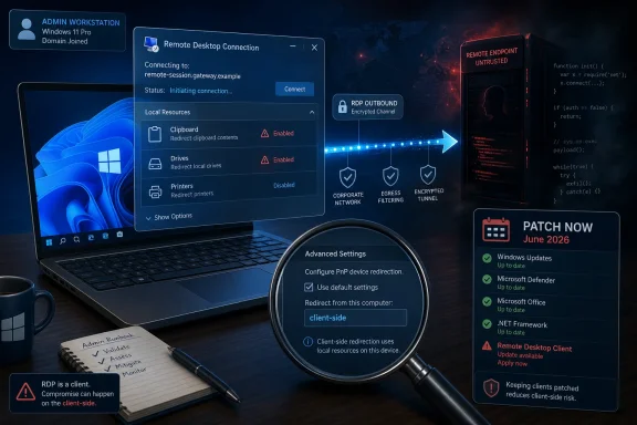 Laptop shows Remote Desktop Connection settings with encrypted RDP security prompts and a “Patch Now” update panel.