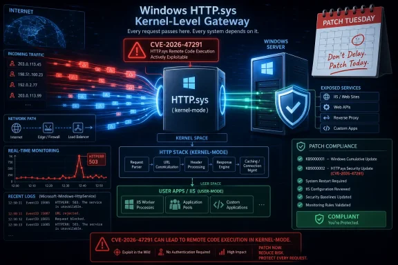 Cybersecurity infographic warning about Windows HTTP.sys CVE-2026-47291 and urging Patch Tuesday mitigation.