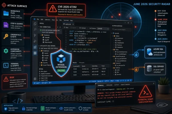 Cybersecurity dashboard showing MS SQL code in VS Code with a flagged CVE and SQL injection risk warnings.
