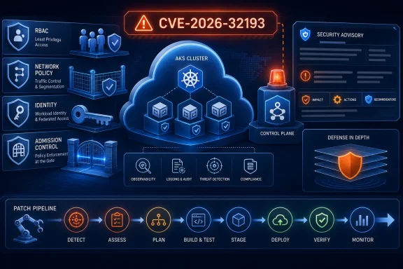 Cybersecurity dashboard illustration showing an AKS cluster security advisory with Cve-2026-32193 warning.