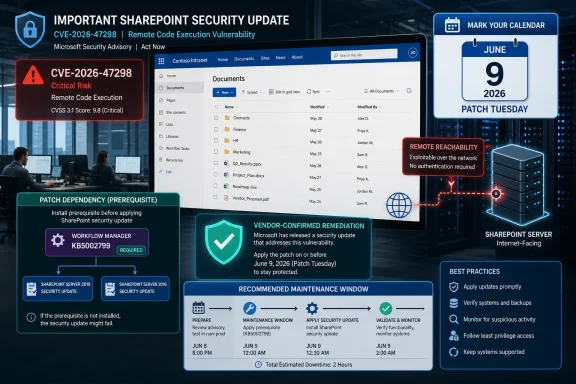 Cybersecurity infographic warning about a critical SharePoint remote code execution flaw (CVE-2026-47298) and patch timing.