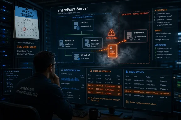 A cybersecurity dashboard shows SharePoint server topology under a spoofing attack with logs and mitigations.