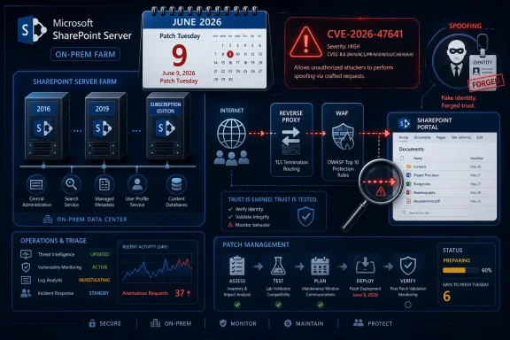 Infographic showing Microsoft SharePoint Server patch management and CVE-2026-47641 spoofing warning.
