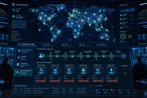 Futuristic global control dashboard shows live network security status and data flow across a world map.