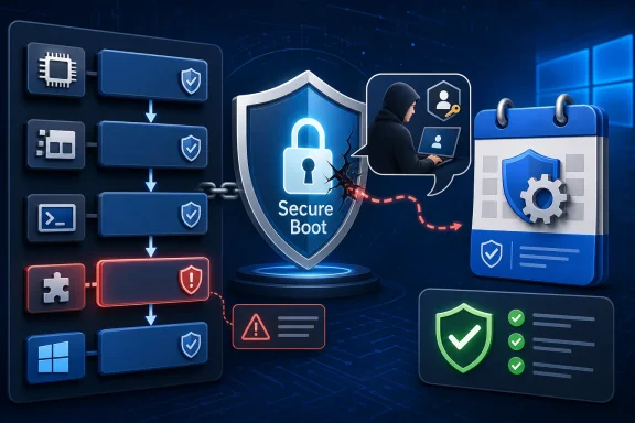 Cybersecurity concept showing a “Secure Boot” shield protecting against hacking on a digital network.
