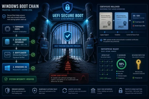 Infographic showing Windows UEFI Secure Boot checkpoint with trusted verification and certificate rollover.