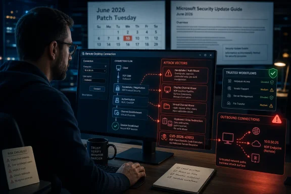 A security analyst reviews a remote desktop attack flow on a monitor with patch and CVE guidance.