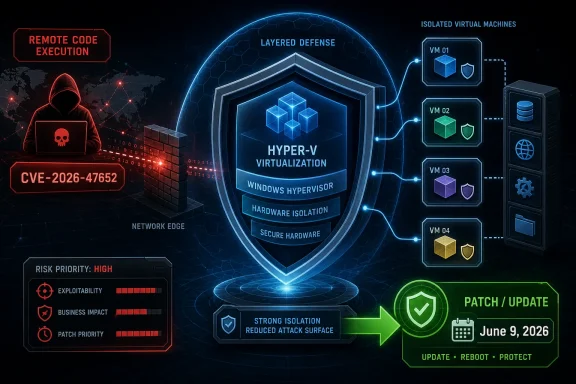Cybersecurity graphic showing Hyper-V virtualization with isolated virtual machines and a June 9, 2026 patch update.