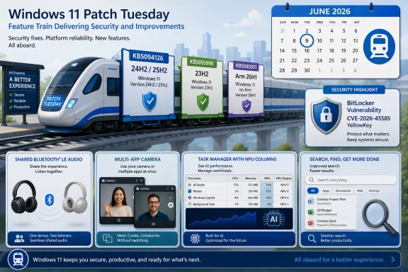 Promotional image for Windows 11 Patch Tuesday with a train-themed security highlights for June 2026. Promotional image for Windows 11 Patch Tuesday with a train-themed security highlights for June 2026.