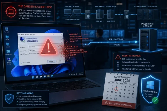 Cybersecurity-themed image showing an RDP connection warning, server network diagram, and Patch Tuesday calendar.