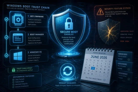 Futuristic cybersecurity graphic shows Windows Secure Boot trust chain, patch window for June 2026, and high risk bypass warning.