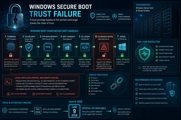 Infographic warning of Windows Secure Boot trust failure chain and mitigations for vulnerable drivers and OS compromise.