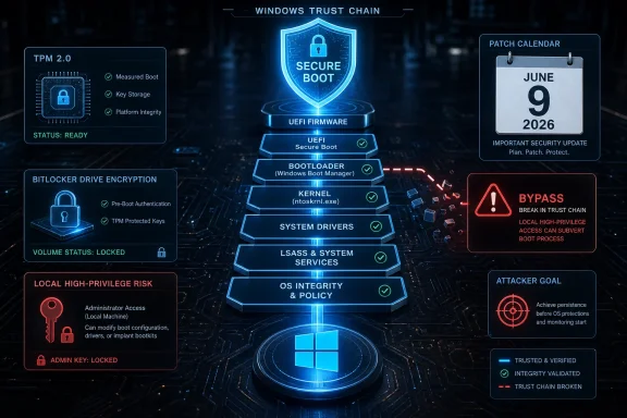 Infographic showing Windows Secure Boot trust chain layers, status checks, and a bypass risk alert.
