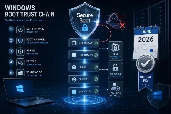 A cybersecurity graphic shows Windows Secure Boot trust chain with TPM, BitLocker, and validation icons.