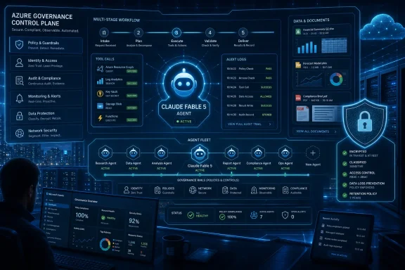 Azure governance control dashboard with AI agent workflow, audit logs, documents, and encrypted security shield.