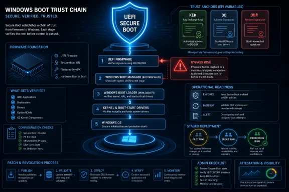 Diagram illustrating Windows Secure Boot trust chain, EFI verification, and key policies from UEFI to OS.