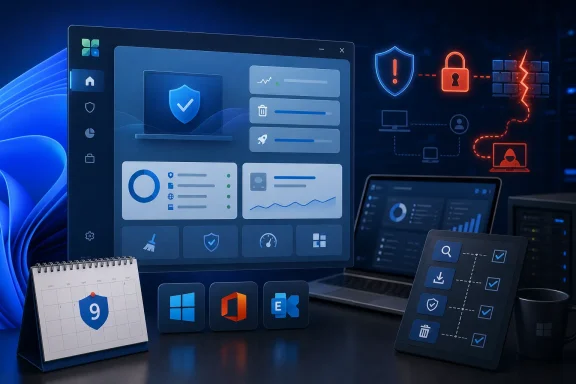 Cybersecurity dashboard on screens with shield and alert icons, laptops and calendar on a blue office desk.